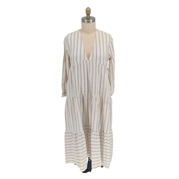 01222 Zara Striped V Neck Shift Midi Dress Cream Brown Size Large preppy spring - Picture 1 of 8